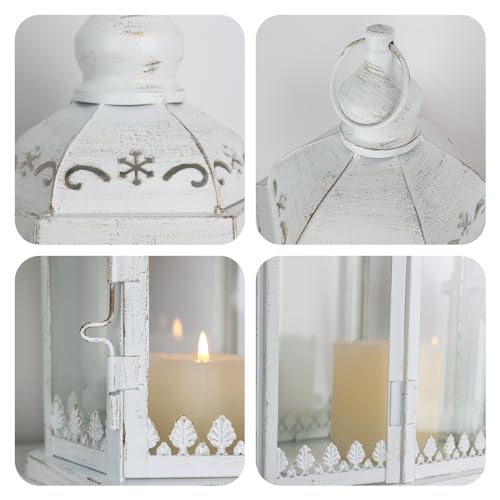 Lanterns Decorative Outdoor&Indoor, Set of 2 (15"&11") White Metal Lantern Decor with Glass, Candle Holder for Porch, Patio, Garden, Balcony, Wedding, Table Centerpiece