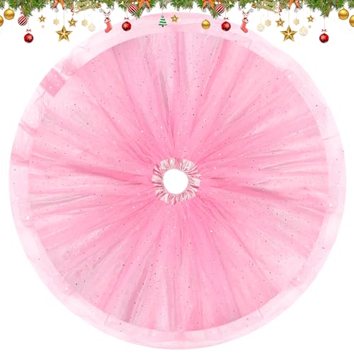FIABC Christmas Wedding Tree Skirt,45 inch 4-Layer Fluffy Romantic Pleated Sparkly Skirt Decoration Xmas Tree Ornament for Holiday and Party(Pink)