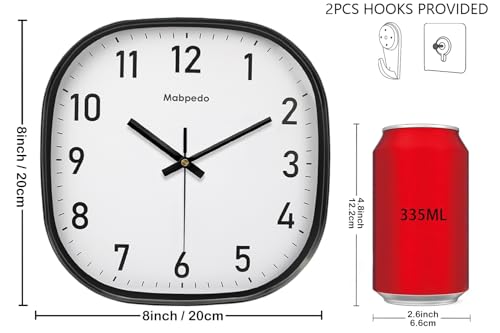 Small Wall Clock, 8 Inch Silent Non Ticking Battery Operated Clock, Square Analog Decorative Wall Clocks for Bedroom Living Room Office Home Gym Porch Decor Indoor Outdoor Clocks, Black