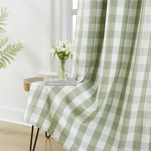 Amzdecor Sage Green White Buffalo Plaid Full Blackout Curtains 84 Inch for Bedroom Living Room Farmhouse Check Patterned Drapes Thermal Insulated Soundproof Grommet Window Treatment, 2 Panels, 40"x84"