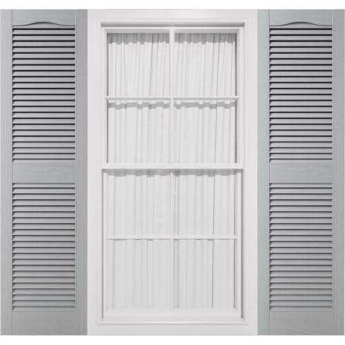 14 1/2"W x 27"H Mid-America Vinyl, TailorMade Cathedral Top Center Mullion, Open Louver Shutters, w/Installation Shutter-Lok's (Per Pair), 945 - Platinum