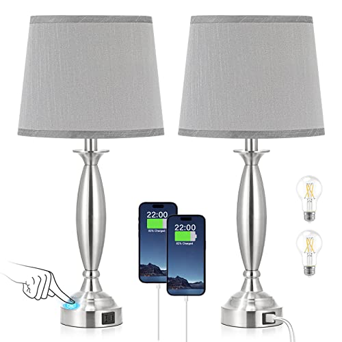 Seealle Touch Bedside Lamps for Nightstand Set of 2 - Bedroom Lamps with USB C+A, 3 Way Dimmable Nightstand Lamps, Brushed Nickel Table Lamps for Living Room (Bulbs Included)