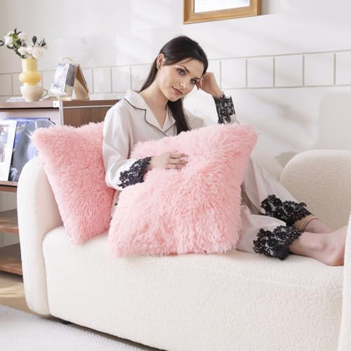 Faux Fur Pink Throw Pillow Covers, Fluffy Soft Fuzzy Decorative Pillow Cases Cute Pillowcases for Home Bedroom Living Room, Zipper Closure, Set of 2 (Pink, 18"x 18")