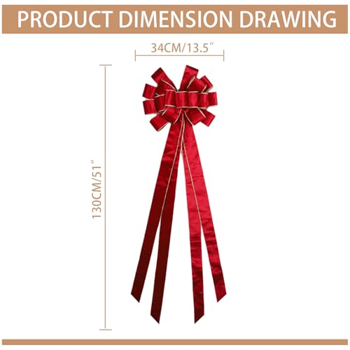 LaRibbons Large Red Velvet Christmas Tree Topper Bow, 13"x51" Holiday Ribbon Tree Topper, Classic Christmas Tree Decoration with Gold Trim, Xmas Indoor Outdoor Ornament