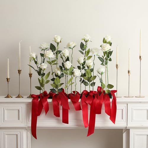 Hawesome 12PCS Artificial Silk Flowers Realistic Roses Bouquet Long Stem for Home Wedding Decoration Party (White, 6 Flowers 6 Buds)
