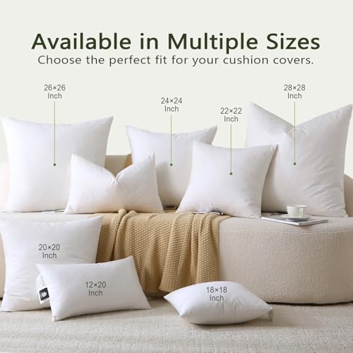 DWR Set of 2 Feather Down Throw Pillow Inserts 12x20 with Organic Cotton Cover, Feather Rectangular White Decorative Pillow Inserts for Bed, Sofa, and Couch