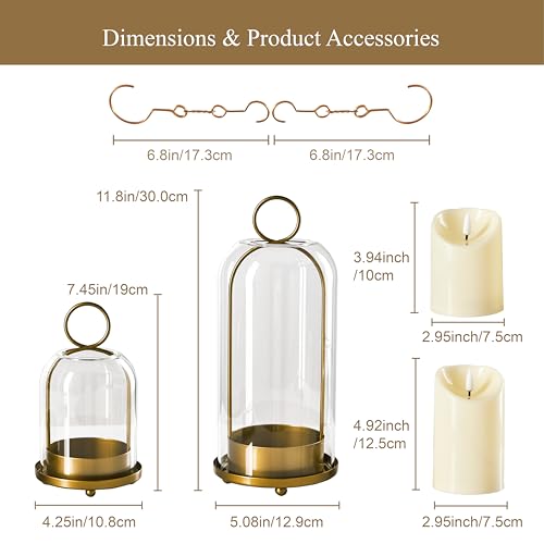 5"&4" Metal Candle Holder with Handmade Glass Dome in Brass & 2 Timer Candles, Set of 2 Versatile Hurricane Glass Candle Holders for Pillar Candles & Plants