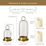 5"&4" Metal Candle Holder with Handmade Glass Dome in Brass & 2 Timer Candles, Set of 2 Versatile Hurricane Glass Candle Holders for Pillar Candles & Plants