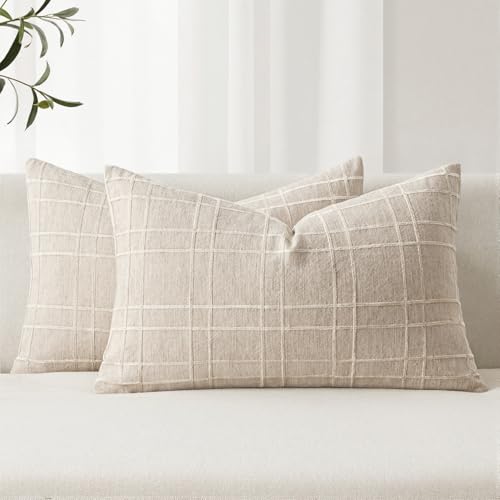 MIULEE Decorative Linen Check Lumar Throw Pillow Covers Neutral Farmhouse Vintage Pillow Covers 12x20 Set of 2 Boho Modern Home Decor for Sofa Couch Bedroom Cushion Natural Beige