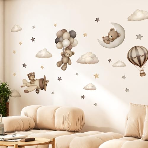 Teddy Bear Wall Decals - Cartoon Bear Air Balloon Star Moon Cloud Wall Stickers for Kids Room Girls and Boys Bedroom Baby Room Nursery Decoration (Coffee Brown Bear Wall Decal)