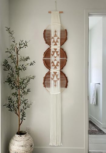 Flber Macrame Wall Hanging Brown and white Boho Wall Decor Art Living room wall art Round Handmade Geometric Lines Home Décor 11.8W x 65L