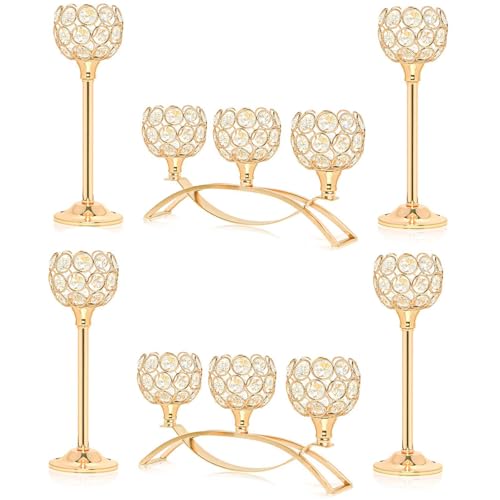 Crystal Tealight Candle Holder Centerpiece Home Decorative Candlestick Holder Elegant Table Centerpiece Home Decor Wedding Party Anniversary (Gold, Set of 6)
