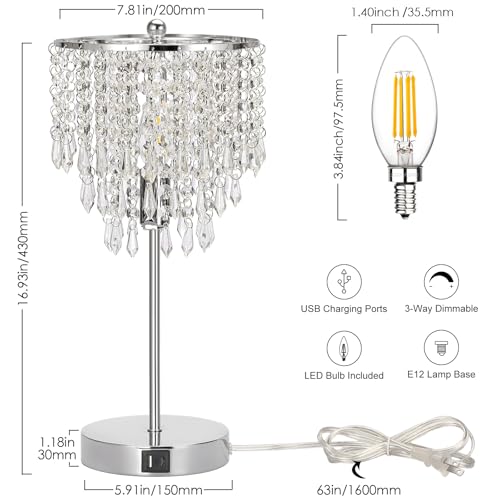 Touch Control Crystal Table Lamp with USB C+A Charging Ports, 3-Way Dimmable Bedside Touch Lamp Decorative Nightstand Lamp with Elegant Lampshade for Living Room Bedroom, B11 LED Bulb Included