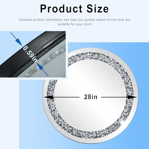 28 Inch Crushed Diamond Round Glass Wall Mirror, Bathroom Mirror, Wall Decoration Hanging Mirror, Suitable for Living Room, Bedroom, Vanity