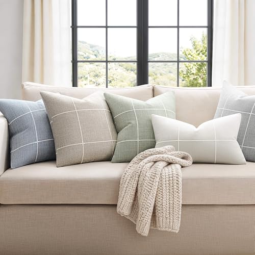 2 Packs Grid Embroidery Throw Pillow Covers, 18x18 Inch Light Sage Green, Farmhouse Linen Decorative Light Green Cushion Covers for Sofa Bed Living Room Home Decor