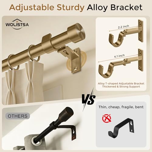 Brass Gold Curtain Rod 34-124 Inch, Brushed Warm Gold 1” Adjustable Long Heavy Duty Curtain Rods for Windows, Decorative Antique Bronze Window Treatment Rods with Modern Solid Aluminum Finial