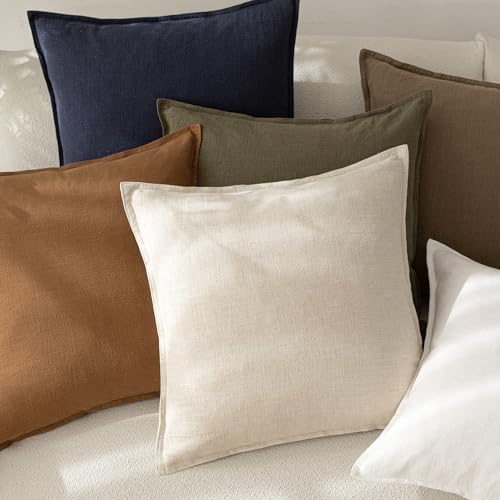 Foindtower Pack of 2, Decorative Linen Soild Throw Pillow Covers Soft Accent Cushion Case Boho Farmhouse Neutral Pillowcase for Couch Sofa Bedroom Living Room Home Decor 20 x 20 Inch Natural Beige