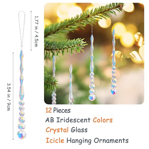 12pcs Crystal Icicle Christmas Tree Ornaments, Glass Beads Hanging Chandelier Pendants for Christmas Party Wedding Winter Decorations (Crystal AB)