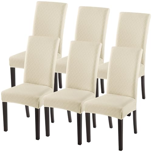 SearchI Dining Room Chair Covers Set of 6, Stretch Jacquard Parsons Chair Slipcovers Super Fit Removable Washable Kitchen Chair Protector Cover for Dining Room, Hotel, Ceremony (Beige Rhombus)