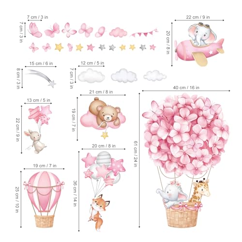 wondever Animals Hot Air Balloon Wall Stickers Flowers Elephant Giraffe Bear Airplane Wall Art Decals for Girls Room Baby Nursery Kids Bedroom