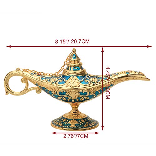 LAUYOO Classic Aladdin Magic Genie Lamp Legend Wishing Light Costume Lamp Metal Carved Arabian Props for Home Tabletop Decoration Party Birthday Halloween Christmas Size 7 x 20.7 x 11.3CM-Blue