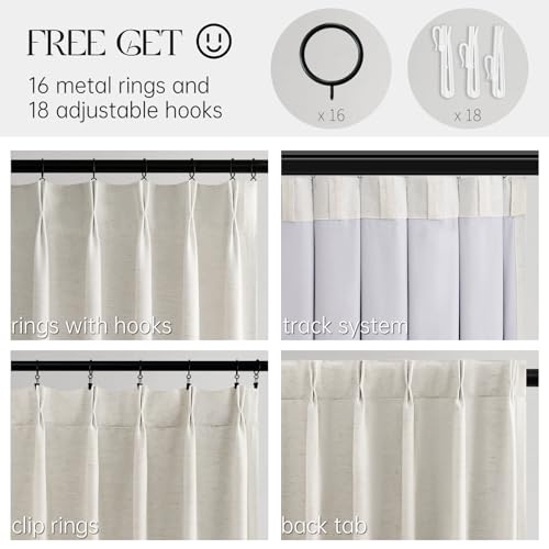 Topfinel 96 Inches Long Pinch Pleated 100% Blackout Curtains,Thermal Insulated Natural Linen Pinch Pleat Viral Drapes with Hooks Rings 2 Panel Sets,Neutral Beige Ivory 8FT Back Tab Window Curtains