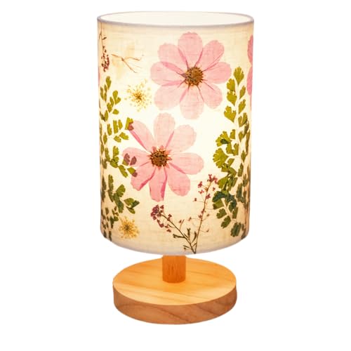 Dried Flowers Small Table Lamp 5W LED 3-Color Bedside Lamp Pressed Flowers Lampshade with Wood Base for Bedroom Living Room Desk Nursery