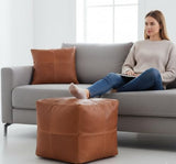 RAJERIYA Experience The Perfect Blend of Rustic Charm and Modern Luxury with Our Handcrafted Genuine Leather Pouf and Matching Pillow Set.