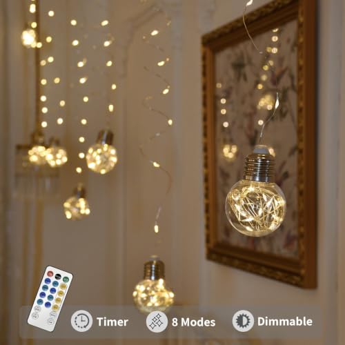 YOLIGHT Wishing Ball Curtain Lights 200 LED Window Curtain String Lights with Remote, USB Battery Powered Twinkle Globe Fairy Lights for Wedding Party Bedroom Christmas Decoration (Warm White)