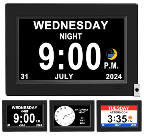 CAZOKASI 8inch Extra Large Impaired Vision Digital Alarm Clock with Day and Time for Elderly Calendar Clock No Battery Plug-in Power Outage Memory DST Auto Dimmable Clock