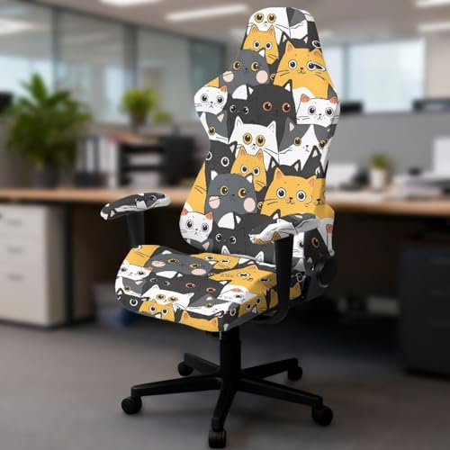 Cartoon Cat Print Gaming Chair Cover with Armrest Covers Stretch Anti Dust Furniture Protector Washable Breathable Gamer Chair Slipcover