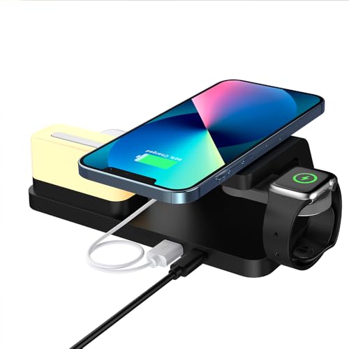 IHAO 6in1Digital Alarm Clock with Wireless Charging Station Night Light 15W Fast Charging for Qi Phone Headphone Bracket for iWatch Charger LED Display Dimmable Brightness-HT309 Black