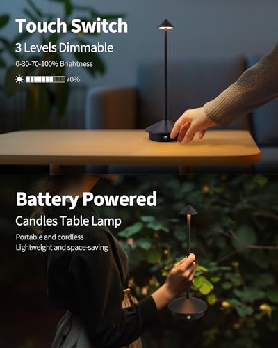 Modern Cordless Table Lamp Set of 2, Portable LED Desk Lamps, 5000mAh Rechargeable Battery Operated Lighting for Bedroom Dining Room Restaurant Coffee Shop Camping Night Light (Black)