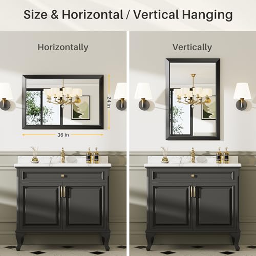 Briivue 24x36 Inch Black Bathroom Mirror for Wall, Thick Metal Framed Rectangle Mirrors for Over Sink, Bedroom, Living Room, Entryway, Anti-Rust, HD Tempered Glass