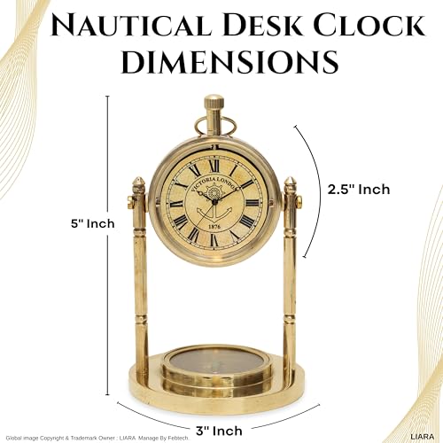 LIARA Vintage Brass Gold Table Clock Compass | Elegant Vintage Nautical Timepiece for Home & Gift