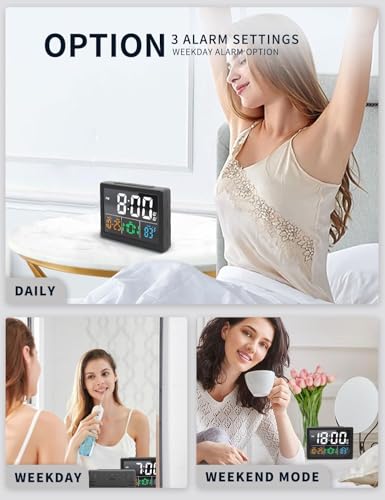 JALL Digital Clock with Date Day for Seniors, Electric Alarm Clocks for Bedrooms with Temperature, 2 Alarms, Dimmer, Dual USB Charger, Battery Backup, Volume Control, Snooze, Bedside Desk Clock, Black