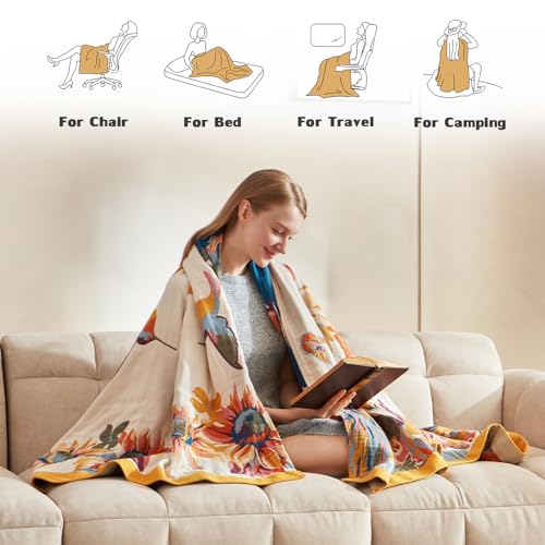 LUTBM Boho Throw Blanket for Couch 100% Cotton Soft Breathable Butterfly and Floral Embroidery Summer Throw Blanket,50"x60" All Season Reversible Throws for Sofa Chair Bohemian Decor for Livingroom