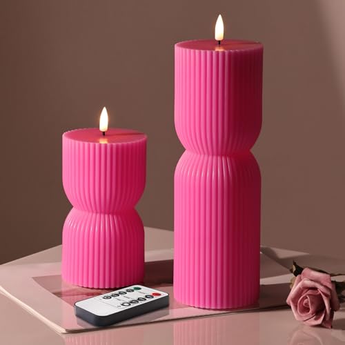 Hot Pink Ribbed Flameless Pillar Candles with Remote Set of 2