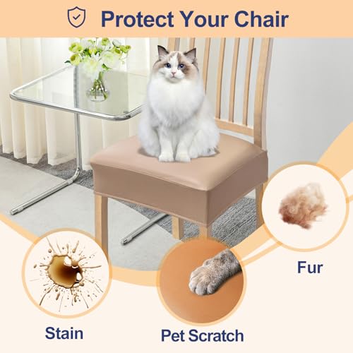 Smiry Waterproof Pu Leather Seat Covers for Dining Room Chairs Set of 4, Stretch Fit Removable Washable Kitchen Chair Seat Slipcovers Protector, No Rear Covers, Khaki
