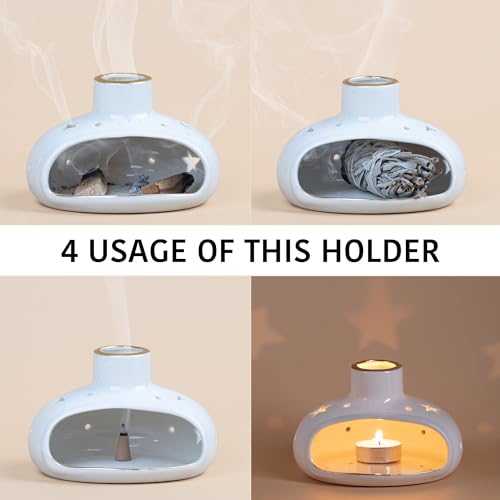 ZenBless 3 in 1 Incense Holder for Palo Santo Sticks Sage Incense, Handcrafted Ceramic Incense Burner Holder Ash Catcher with Chimney, Smudge Bowl for Yoga Meditation Room Home Decor