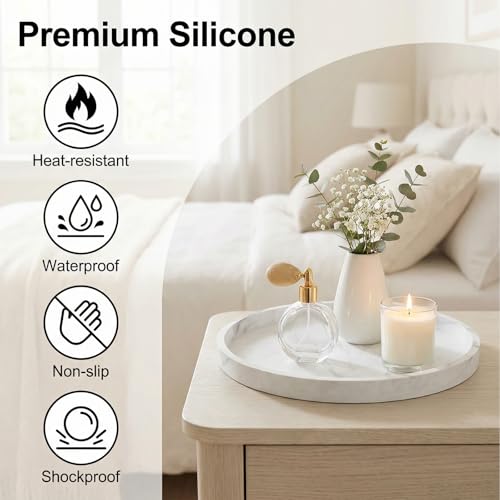 Round Tray Silicone, 10.6 Inch Bathroom Tray Countertop Decor, Vanity Trays for Bathroom Organizers, Waterproof Bathroom Tray for Counter, Decorative Coffee Table Tray-Marble White
