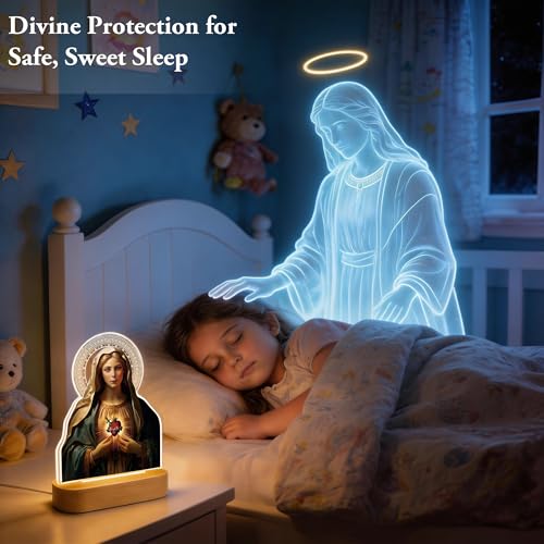 Anywin Virgin Mary 2 Acrylic Sheets Night Light, Catholic Religious Decor with Glowing Halo, Warm Light for Home Altar Prayer Bedroom, Christian Inspirational Gifts for Mother Grandma Priest