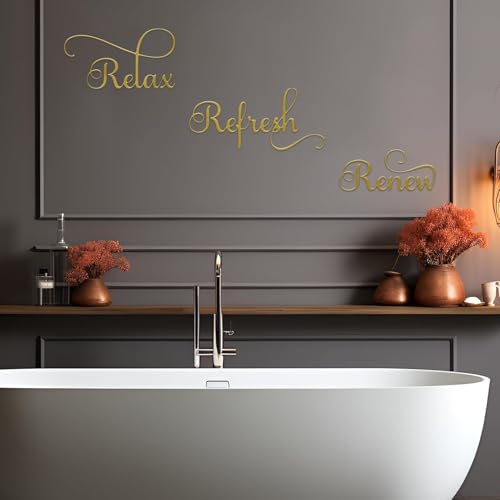 3 Pieces Relax Refresh Renew Bathroom Signs Decor Farmhouse Bathroom Wall Art Sign Gold Metal Relax Renew Refresh Wall Decor for Home Living Room Any Room Bathroom Decoration (Gold)