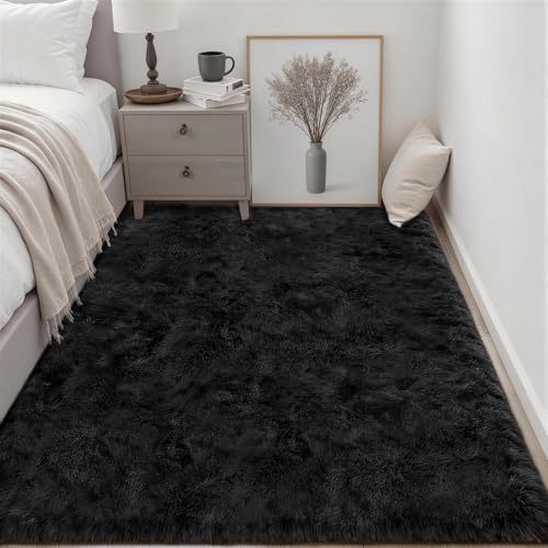 Area Rug Living Room Bedroom: 5x7 Fluffy Plush Shag Carpet Black