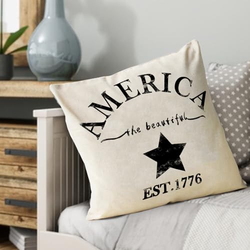 July 4th Farmhouse Decorative Throw Pillow Cover America Est. 1776 Patriotic Sign Decoration Rustic Home Decor Cotton Linen Cushion Case for Sofa Couch, 18" x 18"