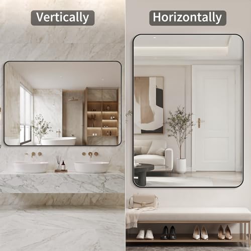 Koonmi Bathroom Mirror, 30X36 Inch Black Metal Framed Mirror for Bathroom, Tempered Glass, Anti-Rust, Rounded Rectangle Mirror for Restroom, Bedroom, Black