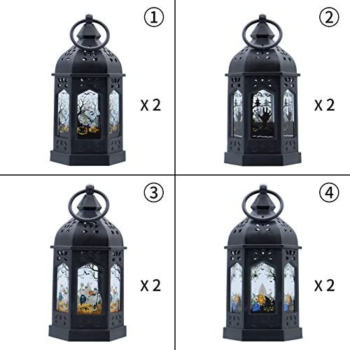 5" Halloween Mini Lanterns for Halloween Table Centerpiece, Small Lantern Decorative Indoor with Pattern Glass for All Saints' Day Party Decor, 8 Pack Hanging Candle Holder Ornaments, Pure Black