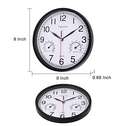 Wall Clock, Sweep Silent Movement Accurate Clocks with Temperature & Humidity, Decorative for Kitchen/Living Room/Bedroom/Office/School/Classroom (Black, 8 inch)