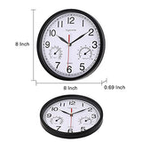 Wall Clock, Sweep Silent Movement Accurate Clocks with Temperature & Humidity, Decorative for Kitchen/Living Room/Bedroom/Office/School/Classroom (Black, 8 inch)