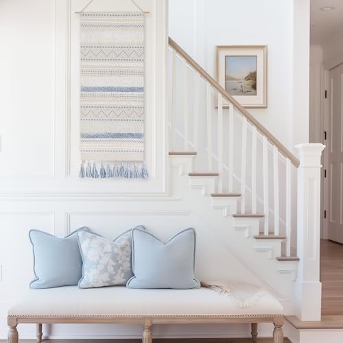 BlissBlush Long Vertical Wall Hanging Tapestry Coastal Blue Woven Boho Farmhouse Décor Tassel Handmade Wall Art Decoration for Bedroom Living Room Dorm Nursery Apartment, 16x39 INCH